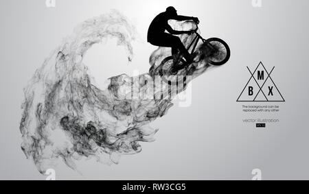 Abstrakte Silhouette einer bmx Reiter auf dem weißen Hintergrund von Partikeln, Staub. Bmx-Fahrer springt und führt den Trick. Stock Vektor