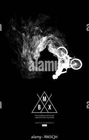 Abstrakte Silhouette eines BMX-rider auf der dunklen, schwarzen Hintergrund von Partikeln ist. Bmx-Fahrer springt und führt den Trick. Stock Vektor