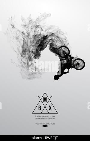 Abstrakte Silhouette einer bmx Reiter auf dem weißen Hintergrund von Partikeln, Staub. Bmx-Fahrer springt und führt den Trick. Stock Vektor