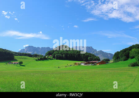 Offene Landschaft mit den Alpen im Hintergrund Stockfoto