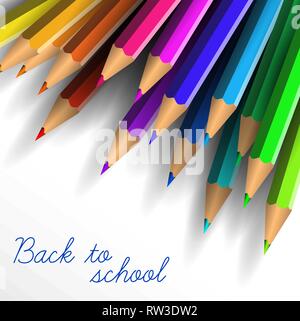 Vektor Schule Poster - bunte Wachsmalkreiden auf weißem Hintergrund und Schrift Zurück zur Schule Stock Vektor