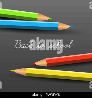 Vektor Schule Poster - bunte Wachsmalkreiden auf dunklem Hintergrund und Schrift Zurück zur Schule Stock Vektor