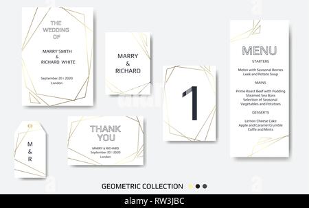 Hochzeit Einladung, Card Design mit geometrischen Kunst Linien, Blattgold Rand, Rahmen einladen. Stock Vektor