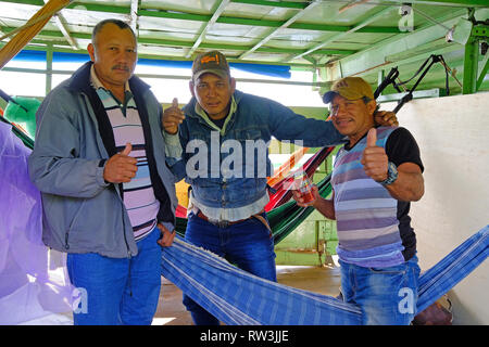 Petropolis, Mato Grosso, Brasilien, 22. JULI 2018: Passagier auf Rinder Pontoon Boot auf dem Rio Paraguay, Petropolis, Pantanal, Brasilien Stockfoto