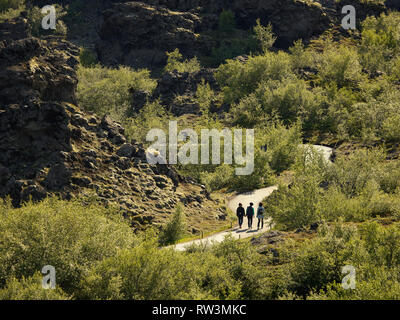 Dimmuborgir - Bereich der ungewöhnlich geformten Lavafelder, Höhle und vulkanische Felsformationen, östlich von Myvatn, Island. Stockfoto