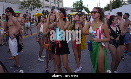 Barra Funda, São Paulo, São Paulo, Brasil/24. Februar 2019 / Zuschauer in den wilden Fancy Dress ejoy beobachten die Maravilhosas Pole Dance School stu Stockfoto