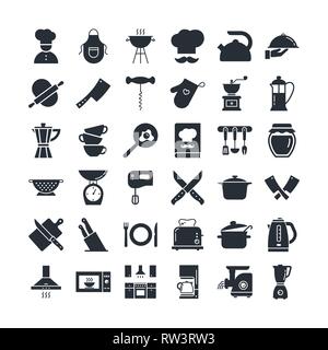 Satz sauber Symbole mit verschiedenen Küchengeräte und Kochen verwandte Objekte auf schwarzem Hintergrund isoliert. Stock Vektor