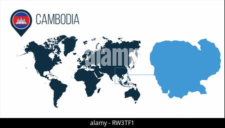 Kambodscha Karte auf einer Weltkarte mit Flaggen und Karte Zeiger oder Pin. Infografik Karte. Vector Illustration auf weißen isoliert. Stock Vektor