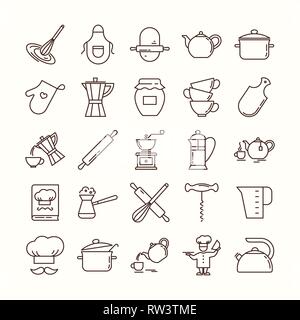 Satz von Clean line Symbole mit verschiedenen Küchengeräten und Geschirr, Kochen ähnliche Objekte. Stock Vektor