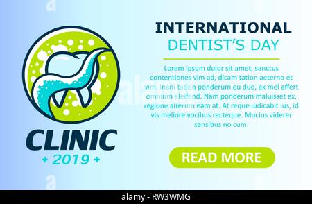 Welt Zahnarzt Tag. Vector Illustration logo Zahn. Toller Urlaub Geschenkkarte, Poster. Stomatologie banner Stock Vektor