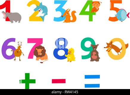 Cartoon Illustration der Zahlen von Null bis Neun mit lustigen wildes Tier Zeichen Stock Vektor