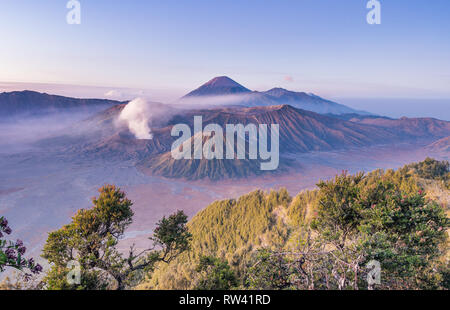 Malerische Aussicht auf Mount Bromo in Wolken und blauer Himmel in der Insel Java, Indonesien Stockfoto
