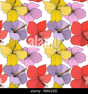 Vektor Hibiskus Blumen tropische Blumen. Graviert Tinte Kunst auf weißem Hintergrund. Nahtlose Muster. Stock Vektor