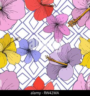 Vektor Hibiskus Blumen tropische Blumen. Graviert Tinte Kunst auf weißem Hintergrund. Nahtlose Muster. Stock Vektor