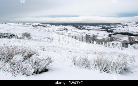 Blick über den oberen Eden Valley in der Nähe von Kirkby Stephen ein Schneesturm, Cumbria, Großbritannien Stockfoto