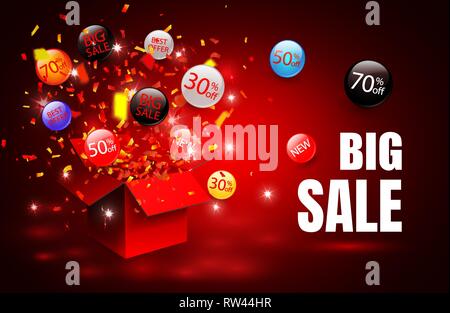 Großer Verkauf. Angebot Verkauf rabatt Symbol mit offenen Geschenk und Flow Labels. Einfach für Ihr Design zu verwenden. Stock Vektor