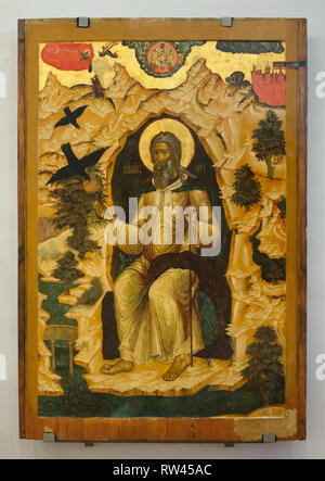 Der Prophet Elija in der Wüste. Russische Ikone des Jaroslawl Symbol Malschule vom 1680s von der Kirche von Feodorovskaya Ikone der Mutter Gottes vom in Jaroslawl, nun im Museum bewahren in Jaroslawl Jaroslawl, Russland. Stockfoto