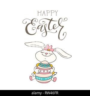 Frohe Ostern Karte mit Bunny Girl, Osterei und handgezeichneten Schriftzug. Vector Illustration Stock Vektor