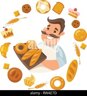 Cartoon Mann lächelnd Charakter Holding gezüchtet mit differends Brot Symbole um Stock Vektor