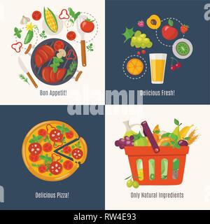 Satz von vier essen Designs mit Kochen Infografik. Stock Vektor