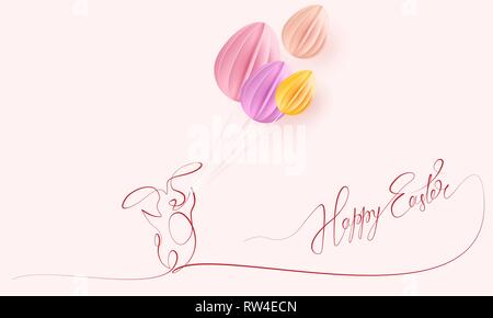 Frohe Ostern. Niedliche Kaninchen mit Luftballons wie Eier geprägt. Vektor Papier desing Abbildung. Kontinuierliche eine Zeile Stil. Stock Vektor