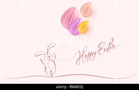 Frohe Ostern. Niedliche Kaninchen mit Luftballons wie Eier geprägt. Vektor Papier desing Abbildung. Kontinuierliche eine Zeile Stil. Stock Vektor