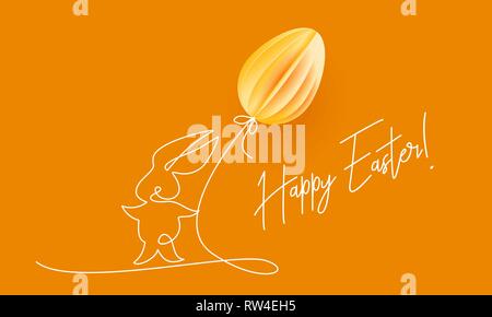Frohe Ostern. Niedliche Kaninchen mit heissluftballon als Ei geformt. Vektor Papier desing Abbildung. Kontinuierliche eine Zeile Stil. Stock Vektor