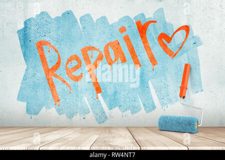 3D-Rendering für eine Wand mit dem Wort 'Reparieren', einem Herzen und einer Rolle gegen die Wand. Stockfoto