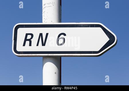 Route nationale 6 Zeichen in Frankreich Stockfoto