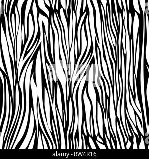 Zebrafell nahtlose Muster, Tier Textur, animalische Ornament, monochrome abstrakte Maßwerk, vector Hintergrund. Chaotische schwarze Streifen auf weißem zurück Stock Vektor