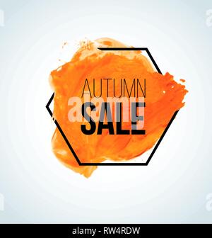 Moderne Orange Vektor aquarell Herbst Sale Label mit schwarzen Sechseck Grenze Stock Vektor