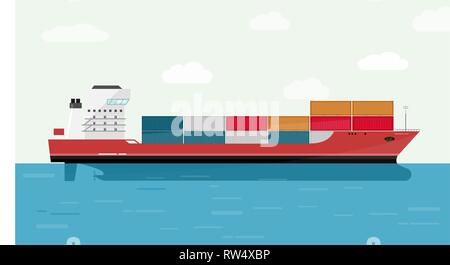 Frachtschiff Container im Ozean Transport-, Fracht Eransportation. Vector Illustration. Stock Vektor