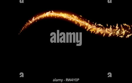 Goldene Strudel der Noten und Glitter auf schwarzem Hintergrund Stockfoto