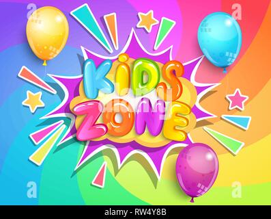 Kids Zone Banner mit Ballons auf Regenbogen Spirale Hintergrund im Cartoon Stil. für Spaß und Spiel, Kinder Spiel raum für Geburtstagsparty. Poster für Kind Stock Vektor