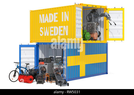 Produktion und Versand von elektronischen und Geräte aus Schweden, 3D-Rendering auf weißem Hintergrund Stockfoto