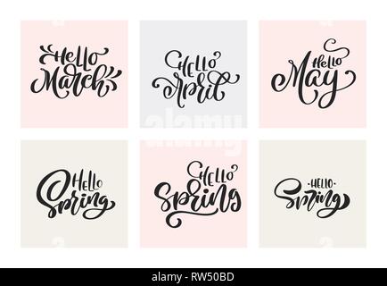 Einstellen der Feder Kalligraphie schrift Phrasen. Vektor Hand gezeichnet Isoliert skandinavischen text März, April, Mai. Süße Vintage Design für Grußkarten, Sc Stock Vektor