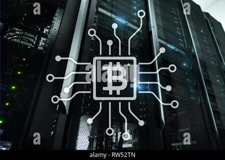 Bitcoin, Blockchain Konzept auf Server zimmer Hintergrund. Stockfoto