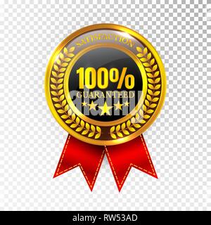 100% Zufriedenheit Garantiert goldene Medaille Label Symbol Dichtung Zeichen isoliert auf weißem Hintergrund. Vektor. Stock Vektor