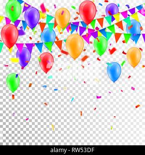 Party Hintergrund mit Luftballons und Fähnchen Vektor, farbige Konfetti und Girlanden auf transparentem Hintergrund. Stock Vektor