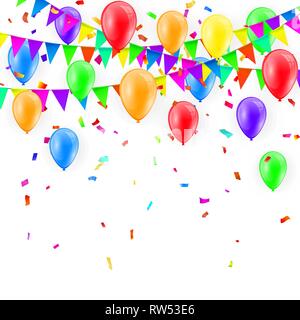 Party Hintergrund mit Luftballons und Fähnchen Vektor, farbige Konfetti und Girlanden auf dem weißen Hintergrund. Stock Vektor