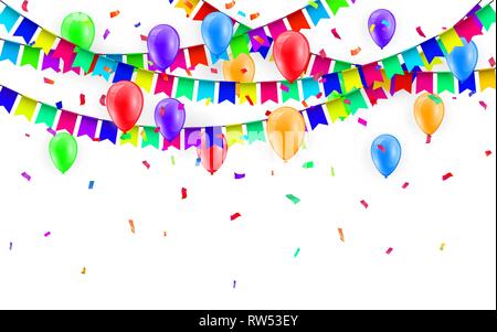 Party Hintergrund mit Luftballons und Fähnchen Vektor, farbige Konfetti und Girlanden auf dem weißen Hintergrund. Stock Vektor