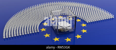 EU-Wahlen, Schach spiel. Mitglieder des Europäischen Parlaments als Bauernopfer und eine Abstimmung auf EU-Flagge, Fahne. 3D-Darstellung Stockfoto