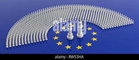 EU-Parlament, Schachspiel, Mitglieder des Europäischen Parlaments als Bauernopfer und Schach König und die Königin auf der Fahne der Europäischen Union, Banner. 3D-Darstellung Stockfoto