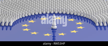 EU-Parlament, Führung, die Mitglieder des Europäischen Parlaments als bauernopfer und ein Schach König auf der Fahne der Europäischen Union, Banner. 3D-Darstellung Stockfoto