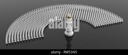 Das Parlament, der Kongress sitze, Führung, weiße Bauern und ein Schach König auf schwarzem Hintergrund, Banner. 3D-Darstellung Stockfoto