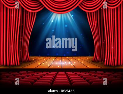 Ein Theater Bühne mit einem roten Vorhang und ein Spotlight und Holzboden. Festival Night Show Poster. Vektor. Stock Vektor