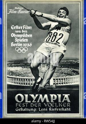 LENI RIEFENSTAHL OLYMPIA Fest der Voelker Dokumentarfilm NS-Olympiade Berlin 1936 vordere Abdeckung mit Karl Hein original Deutscher Film - Kurier Programm 1938 Veröffentlicht in zwei Teilen Olympia Film GmbH / Internationale Olympische Komitee/Tobis Filmkunst Stockfoto