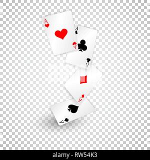 Vier Asse der Diamanten clubs Spaten und Herzen fallen oder Fliegen, wie Poker spielen Karten. Stock Vektor