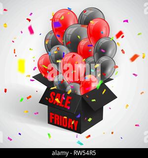 Schwarzer Freitag Verkauf Plakat mit Konfetti und dunklen glänzenden Ballons Haufen fliegen von Open black box. Vector Illustration. Stock Vektor