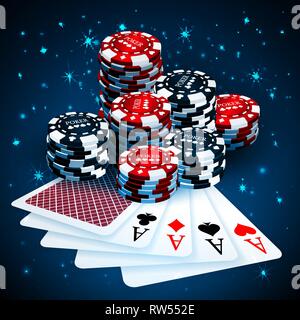 Vector Illustration auf ein casino Thema mit Spielchips und playig Karten auf dunklem Hintergrund. Glücksspiel Designelemente. Vier Asse und poker chips Sta Stock Vektor